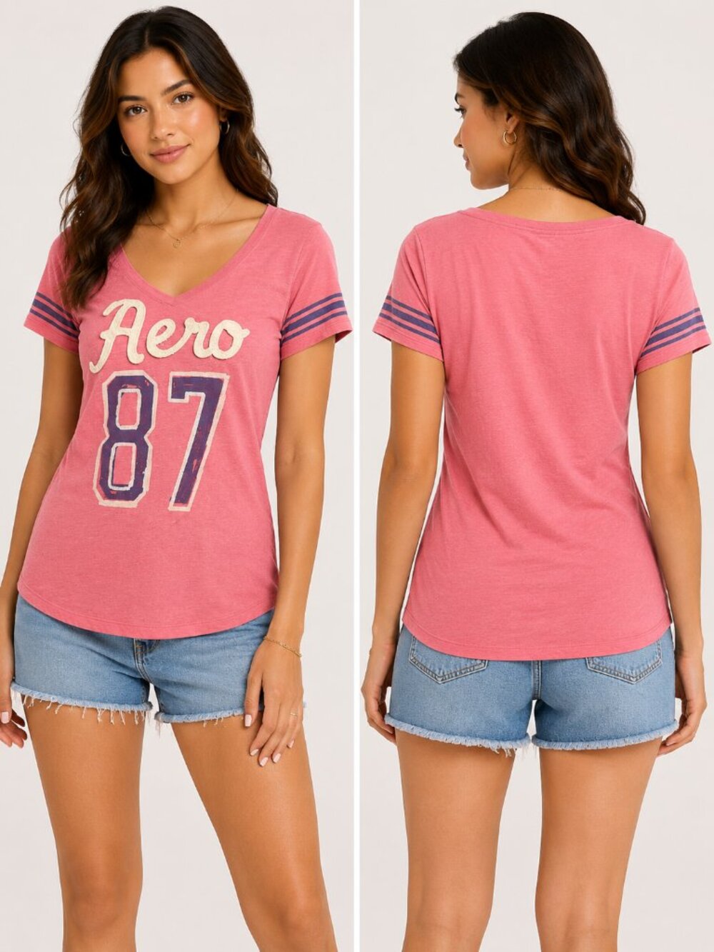 Y2K Retro Graphic Tee Aero 87 Coral Varsity Stripe V-Neck Aeropostale XL